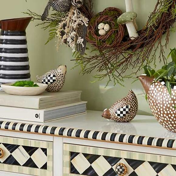 MACKENZIE-CHILDS Woodland Chicks Hand-Painted Brown Tan Dots Check Set of 2 NEW - Picture 2 of 2